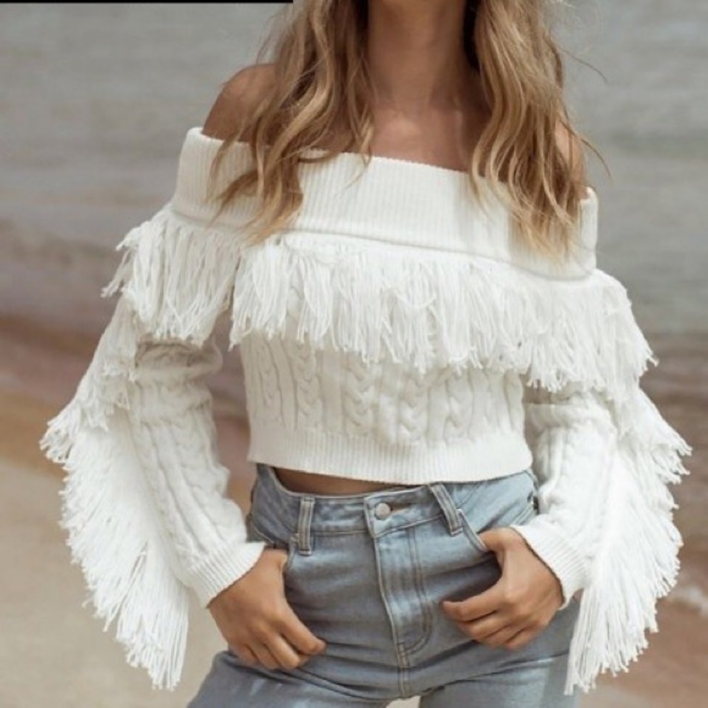 Fringe Sleeve Cable Knit Cropped Sweater